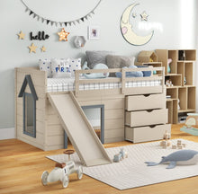 Load image into Gallery viewer, Super Cute, Adorable Heavy Duty 3-In-1 Twin Loft Bed With Smooth Slide, Side Ladder Drawers For Kids/Teens | Solid Wood Material | Bottom Game Space
