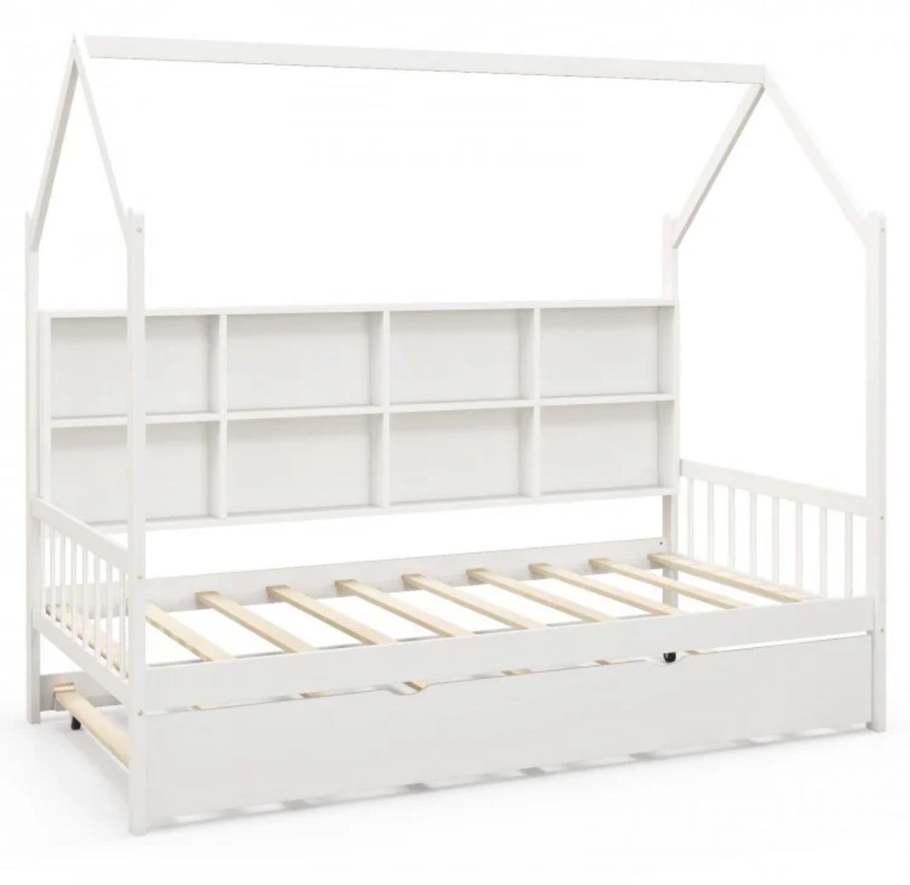 Very Adorable Twin Size Kids Montessori Day Or Night Trundle Bed With Roof, Shelf 8 Components | With Wheels | Space Saving | Solid Wood Frame | Heavy Duty