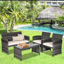 Load image into Gallery viewer, Super Elegant 4 Piece Heavy Duty Rattan Patio Furniture Set With Glass Table | Love-seat | Very Comfortable | Thickened Cushions
