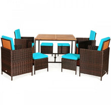Load image into Gallery viewer, Heavy Duty Very Comfortable Modern 9-Piece Patio Rattan Dining Thick Cushioned Patio Furniture Set With Chairs, Dining Table, Ottomans, Acacia Wood
