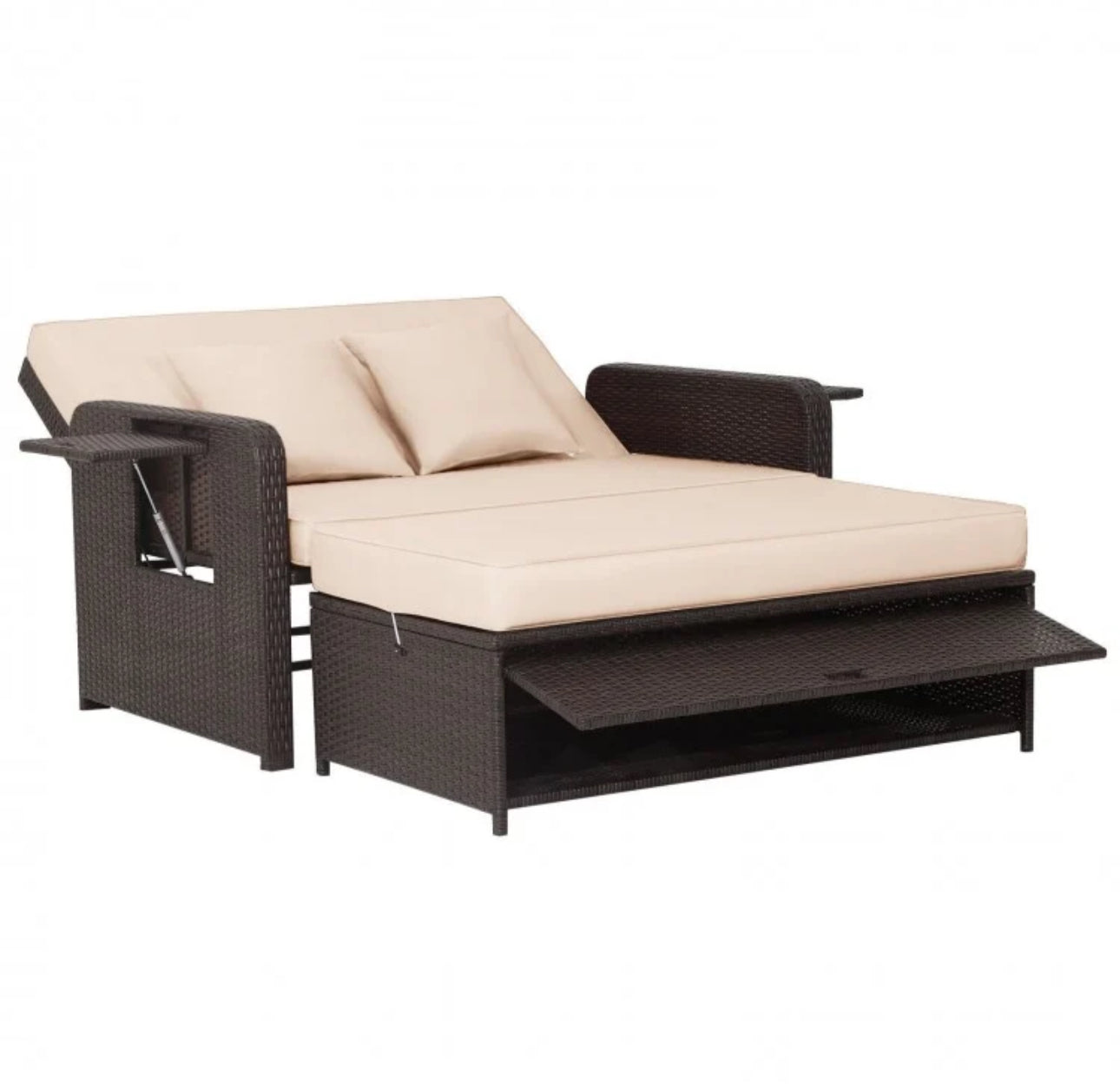 Elegant 4-Level Patio Rattan Daybed | Adjustable Backrest | Rectangle Side Tray | Outdoor Sectional | Double Sofa With Side Table | Space Saving