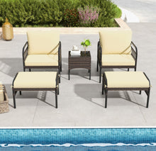 Load image into Gallery viewer, Very Relaxing Heavy Duty Beige 5-Piece Patio Rattan Conversation Set With Ottomans | Coffee Table | Comfy Cushions
