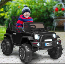 Load image into Gallery viewer, Super Cool Jeep Style 12V Electric Kids Ride On Car 1 Seater | LED Lights | Horn | Open Doors | Transport Handle | Slow Safety Start | Suspension | Remote
