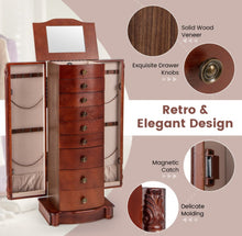 Load image into Gallery viewer, Very Elegant Brown Large Wooden Jewelry Storage Box Organizer  | Retro Design | Soft Liner | Top Flip Mirror
