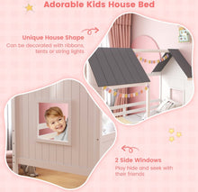 Load image into Gallery viewer, Super Adorable Twin Size Kids Heavy Duty House Bed Low Loft Bed Solid WoodFrame With Roof | 2 Step Ladder | High Guardrails | Under Bed Space | Window Openings | Holds 350lbs
