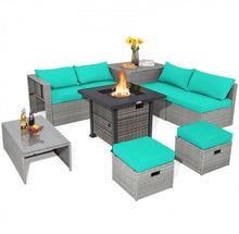 Load image into Gallery viewer, Classy &amp; Elegant 9 Piece Wicker Outdoor Patio Furniture Set With 32 Inch Propane Fire Pit Table | Storage | Cover | Comfy Seating | High Quality | PE Rattan
