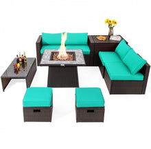 Load image into Gallery viewer, Elegant 9 Pieces Patio PE Wicker Patio Furniture Sectional Set | 50,000 BTU Fire Pit Table | 6 Colours | Storage | Cover | Very Comfortable
