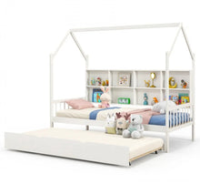 Load image into Gallery viewer, Very Adorable Twin Size Kids Montessori Day Or Night Trundle Bed With Roof, Shelf 8 Components | With Wheels | Space Saving | Solid Wood Frame | Heavy Duty
