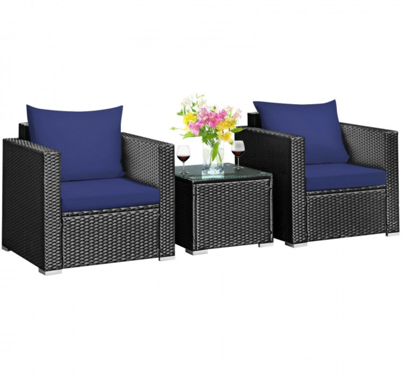 Heavy Duty Steel Frame Modern Beautiful 3-Piece Patio Furniture Wicker Rattan Conversation, Relaxing Set With Thick Comfy Cushions, 5 Colours