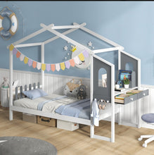 Load image into Gallery viewer, Super Cute &amp; Adorable Modern  Twin Or Full Bed Frame House With Roof Canopy And Fence For Children, Kids | Heavy Duty  | Bed Space | Montessori | Desk, Drawers
