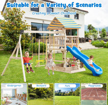 Load image into Gallery viewer, Super Fun Heavy-duty Playground For Children | 3 Swings | Monkey Bars | Climbing | Slide | Tree House Top Deck | Steering Wheel | Telescope | Sandbox | Bench | Awning
