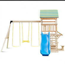 Load image into Gallery viewer, Super Fun Heavy-duty Playground For Children | 3 Swings | Monkey Bars | Climbing | Slide | Tree House Top Deck | Steering Wheel | Telescope | Sandbox | Bench | Awning
