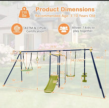 Load image into Gallery viewer, Super Fun 7-in-1 A Shaped Playground | Saucer Swing | U Shape Swing | Gym Rings | 2 Person Glide | Basketball Hoop | Slide | Monkey Bars
