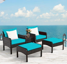 Load image into Gallery viewer, Elegant Outdoor Patio 5-Piece Furniture Rattan Sofa Ottoman Set With Cushions | Comes With 2 Ottomans,1 Coffee Table,2 Armchairs 1 Side Table, Cushions
