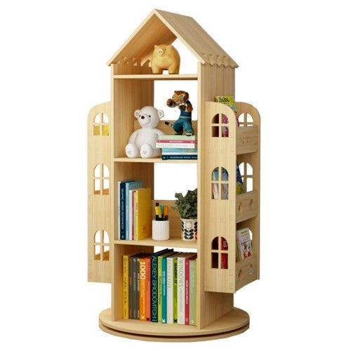Adorable 4-Tier Rotating House-Shaped Bookshelf, 360° Solid Wood Rotating Stackable Shelves Bookshelf Organizer for Home, Bedroom, Office