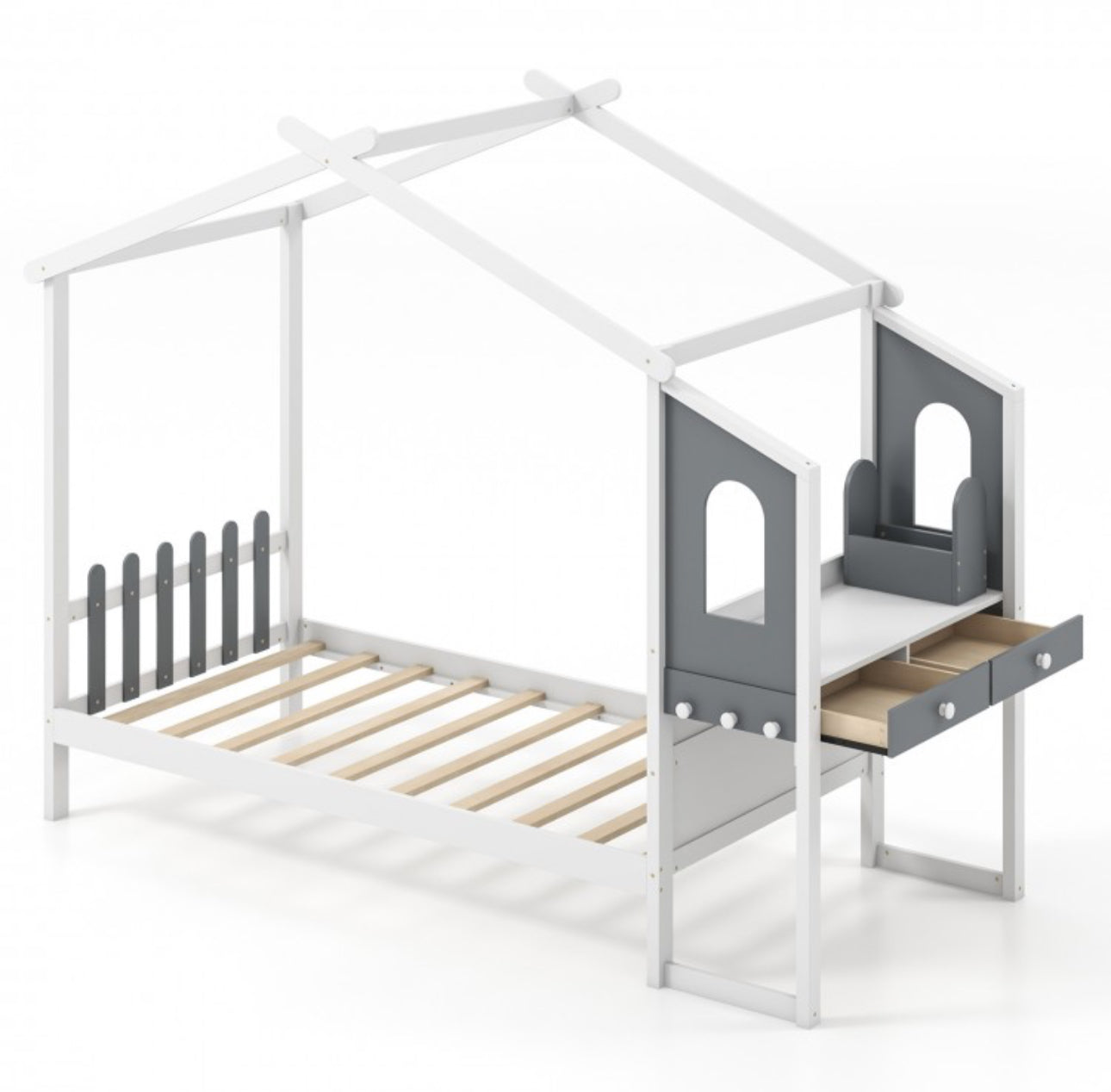 Super Cute & Adorable Modern  Twin Or Full Bed Frame House With Roof Canopy And Fence For Children, Kids | Heavy Duty  | Bed Space | Montessori | Desk, Drawers