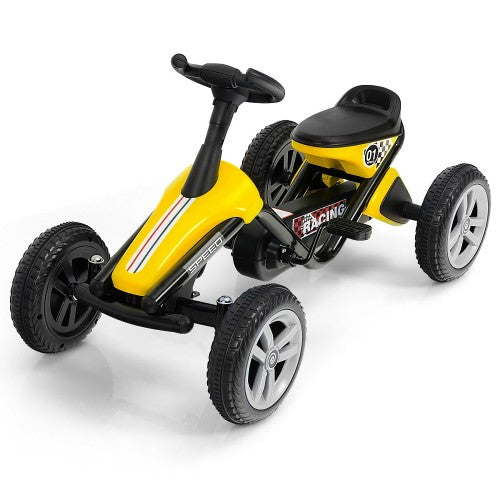 Super Cool Kids Go Kart, 4-Wheel Pedal Powered Ride On Racer Car for Kids, Boys, Girls, Yellow | Rubber Wheels | Aged 3-8