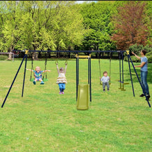 Load image into Gallery viewer, Super Fun 7-in-1 A Shaped Playground | Saucer Swing | U Shape Swing | Gym Rings | 2 Person Glide | Basketball Hoop | Slide | Monkey Bars
