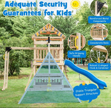 Load image into Gallery viewer, Super Fun Heavy-duty Playground For Children | 3 Swings | Monkey Bars | Climbing | Slide | Tree House Top Deck | Steering Wheel | Telescope | Sandbox | Bench | Awning
