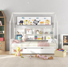 Load image into Gallery viewer, Very Adorable Twin Size Kids Montessori Day Or Night Trundle Bed With Roof, Shelf 8 Components | With Wheels | Space Saving | Solid Wood Frame | Heavy Duty

