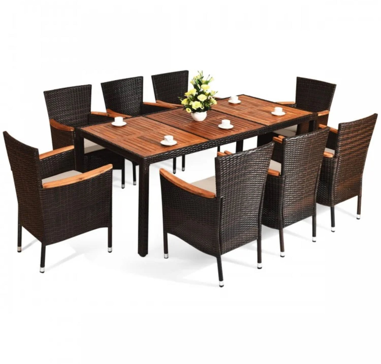 Super Duty Relaxing 9-Piece Outdoor Dining Set With Umbrella Hole | Acacia Wood | Comfy Waterproof Cushions | Rattan | Easy Assembly | Easy Maintenance
