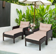 Load image into Gallery viewer, Elegant Outdoor Patio 5-Piece Furniture Rattan Sofa Ottoman Set With Cushions | Comes With 2 Ottomans,1 Coffee Table,2 Armchairs 1 Side Table, Cushions
