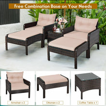 Load image into Gallery viewer, Elegant Outdoor Patio 5-Piece Furniture Rattan Sofa Ottoman Set With Cushions | Comes With 2 Ottomans,1 Coffee Table,2 Armchairs 1 Side Table, Cushions
