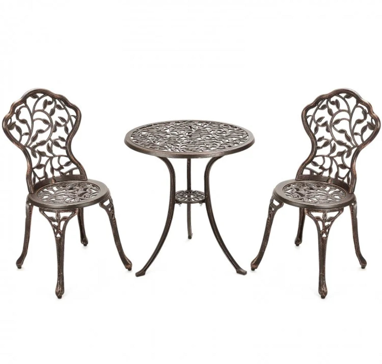 Beautiful & Elegant Leaf Design 3-Piece Heavy Duty Cast Aluminum Patio Bistro Set Table With 2 Chairs | Weather Resistant | Curved Backrest