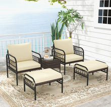 Load image into Gallery viewer, Very Relaxing Heavy Duty Beige 5-Piece Patio Rattan Conversation Set With Ottomans | Coffee Table | Comfy Cushions
