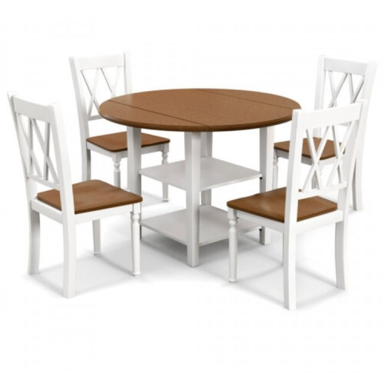 Classy, Elegant Heavy Duty 5-Piece Smooth Round Kitchen Dining Set With Drop Leaf Table Top | 2-Tier Bottom Shelf