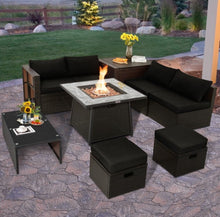 Load image into Gallery viewer, Elegant 9 Pieces Patio PE Wicker Patio Furniture Sectional Set | 50,000 BTU Fire Pit Table | 6 Colours | Storage | Cover | Very Comfortable
