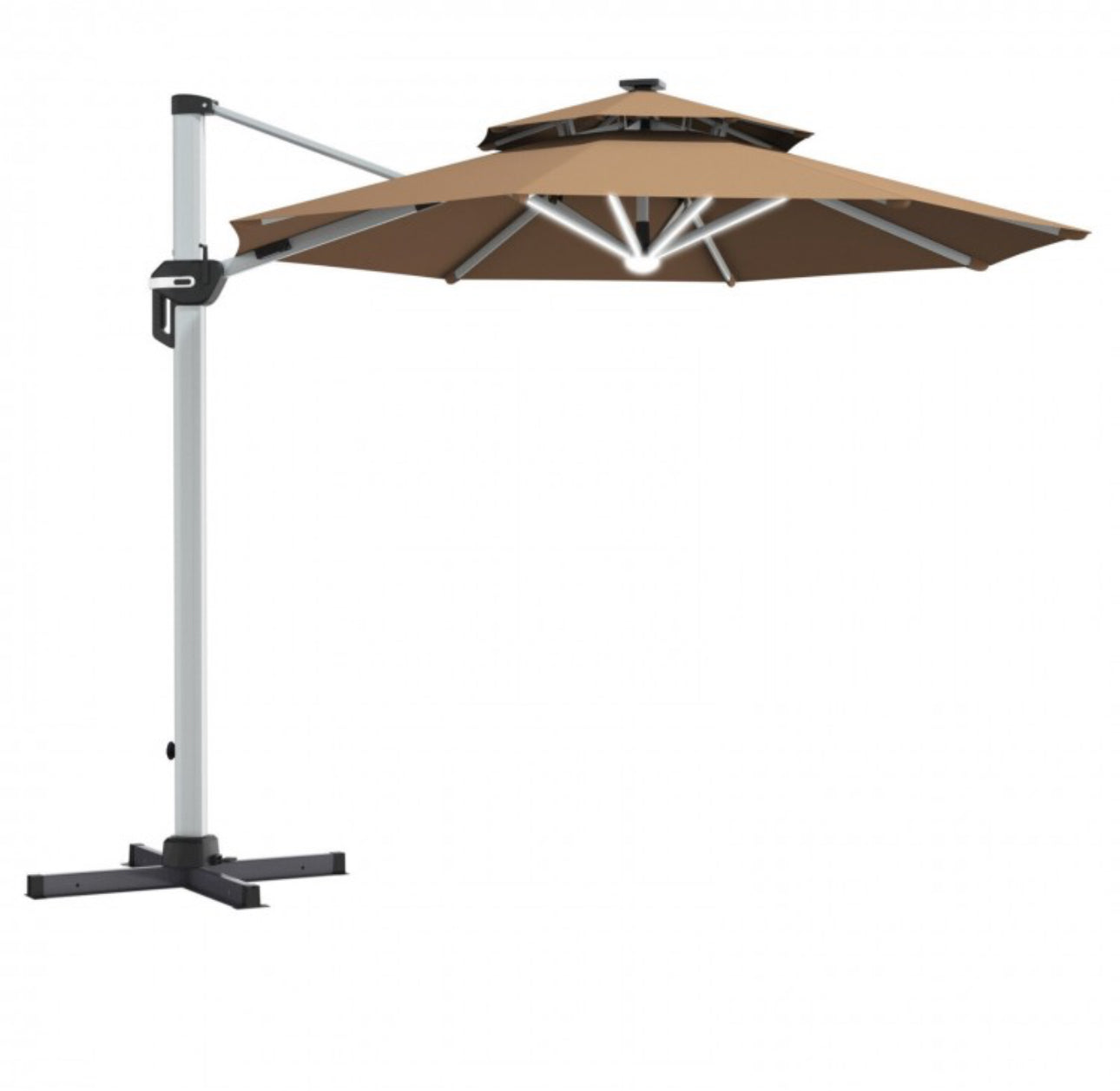 Heavy Duty Aluminum Solar Power LED Light Patio Cantilever Umbrella 10Ft Without Weight Base