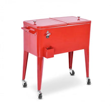 Load image into Gallery viewer, Heavy Duty Cool Red Portable Patio Cooler Cart With Side Bottle Opener, Cap Catcher| 80QT | BBQ | Camping | Gatherings | Drain Plug | Wheels
