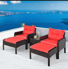 Load image into Gallery viewer, Elegant Outdoor Patio 5-Piece Furniture Rattan Sofa Ottoman Set With Cushions | Comes With 2 Ottomans,1 Coffee Table,2 Armchairs 1 Side Table, Cushions
