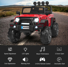 Load image into Gallery viewer, Super Cool Jeep Style 12V Electric Kids Ride On Car 1 Seater | LED Lights | Horn | Open Doors | Transport Handle | Slow Safety Start | Suspension | Remote
