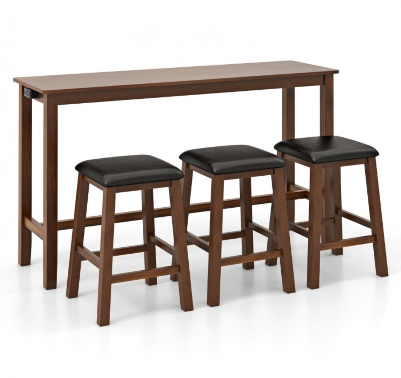 Heavy Duty Comfy 4-Piece Bar  Table Set Counter-Height Table & 3 PVC Leather Upholstered Bar Stools | 2 AC Outlets | USB Ports | Acadia Wood