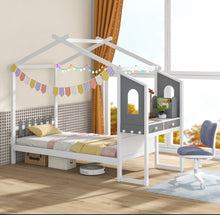 Load image into Gallery viewer, Super Cute &amp; Adorable Modern  Twin Or Full Bed Frame House With Roof Canopy And Fence For Children, Kids | Heavy Duty  | Bed Space | Montessori | Desk, Drawers
