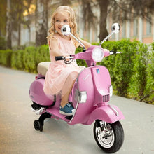 Load image into Gallery viewer, 6V Kids Ride On 2025 Motorcycle Vespa Motor Bike with Auxiliary Wheels, LED Lights, Music, Loud Horns, Rearview Mirror, For Ages 3-8
