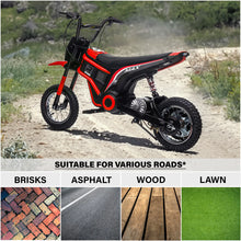 Load image into Gallery viewer, Super Cool 24V Dirt Bike Ride on | Up to 25 KM/h | Upgraded Suspension | 2 Speeds | 350W Motor | Rubber Tires | Leather Seat
