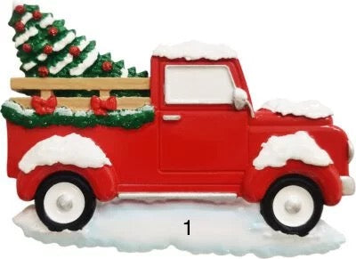 Classic Red Pick up with Christmas Tree Ornament | Poly Resin | Personalized | Christmas | Holiday
