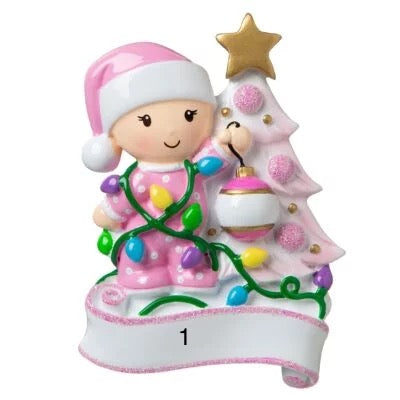 Super Cute Baby Child Decorating a Tree Ornament | Poly Resin | Personalize | Christmas | Holiday | First Christmas