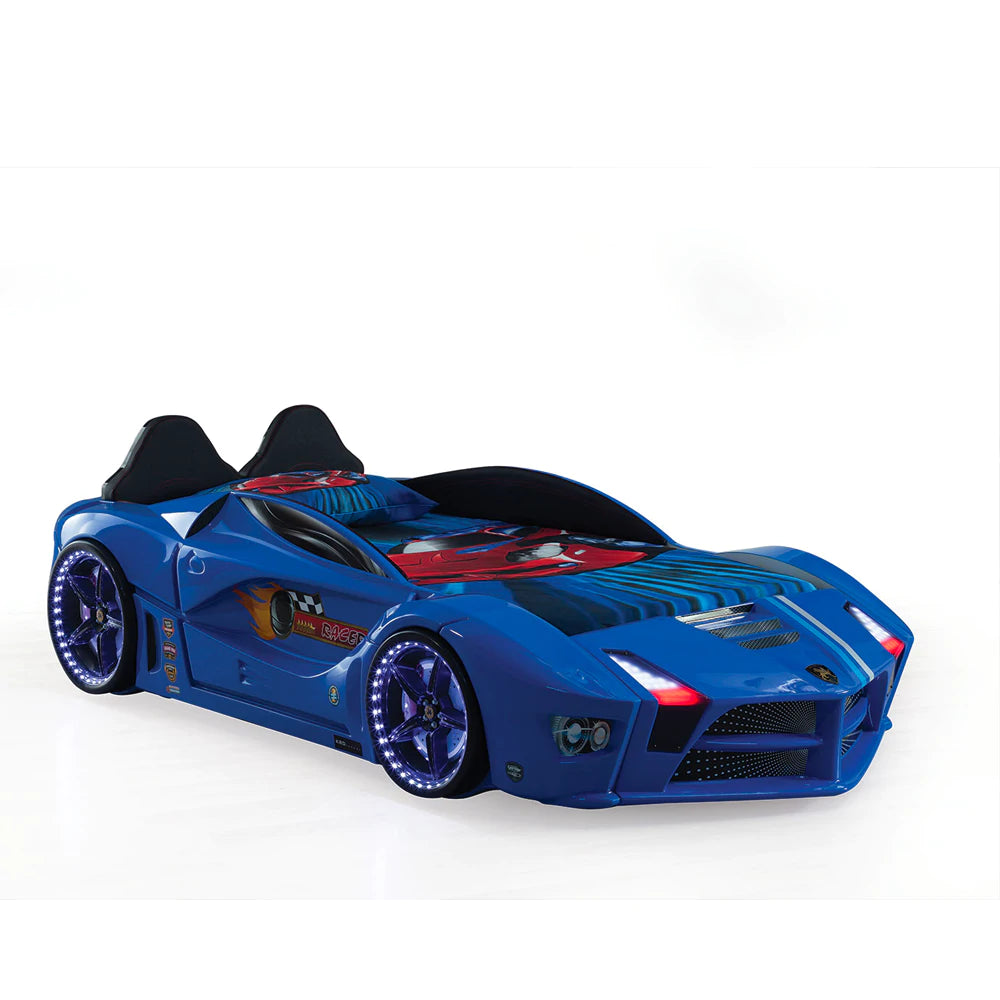 Super Cool 2024 Blue Moon Luxury Race Car Bed W/LEDS & Sound Effects | Free Mattress | Twin