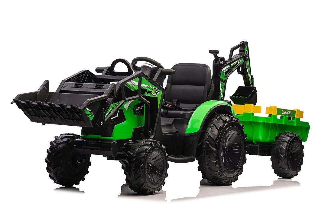 2025 Upgraded Farm Tractor, Excavator 24V 14AH Kids Ride On 1 Seater W/Trailer | Leather Seat | Digger | Shovel Bucket | LED Lights | Rubber Tires | Pre Order