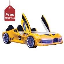 Load image into Gallery viewer, 2024 Awesome Aero Premium Yellow Race Car Bed With Free Mattress | Upgraded | Wicked Doors | LED Lights

