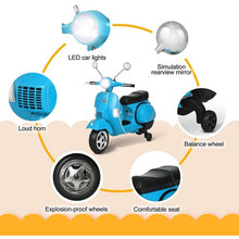 Load image into Gallery viewer, 6V Kids Ride On 2025 Motorcycle Vespa Motor Bike with Auxiliary Wheels, LED Lights, Music, Loud Horns, Rearview Mirror, For Ages 3-8
