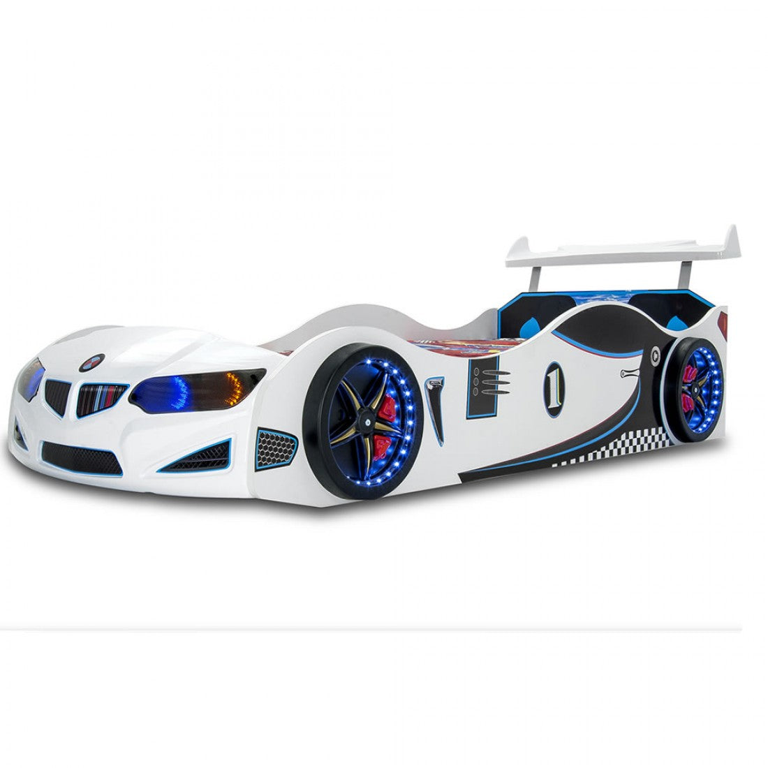 Super Cool White GT1 Race Car Bed With Free Mattress | LED Lights