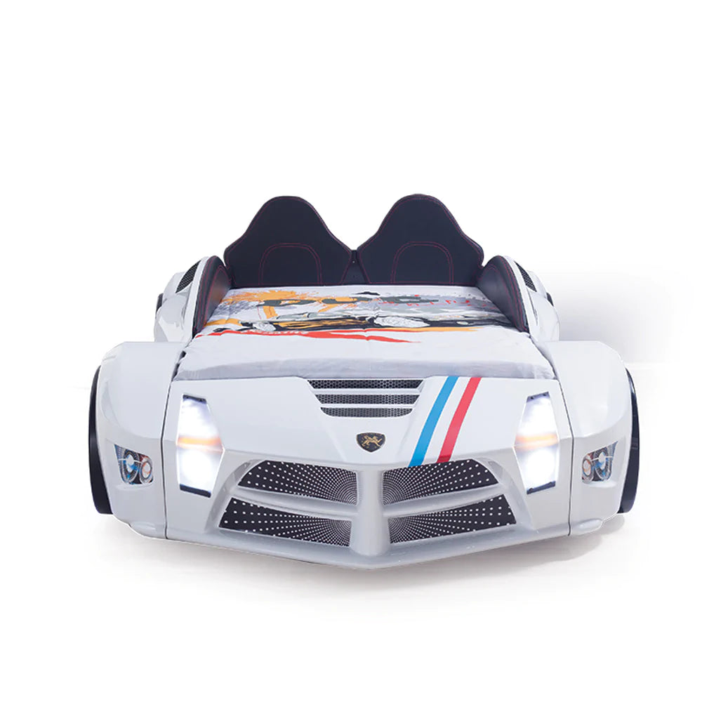 Super Cool 2024 White Moon Luxury Race Car Bed W/LEDS & Sound Effects | Free Mattress | Twin