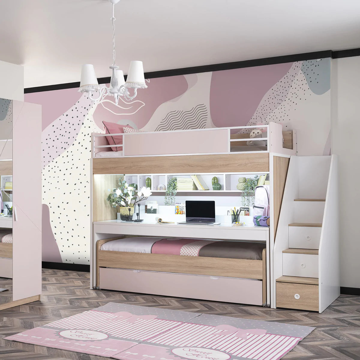 Pink bunk bed with desk discount