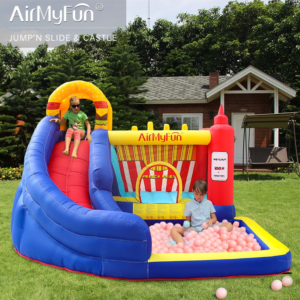AirMyFun Fun Bouncy Castle, Bouncy House Hamburger Ketchup Shape, Jumping & Sliding Area with Safety Net